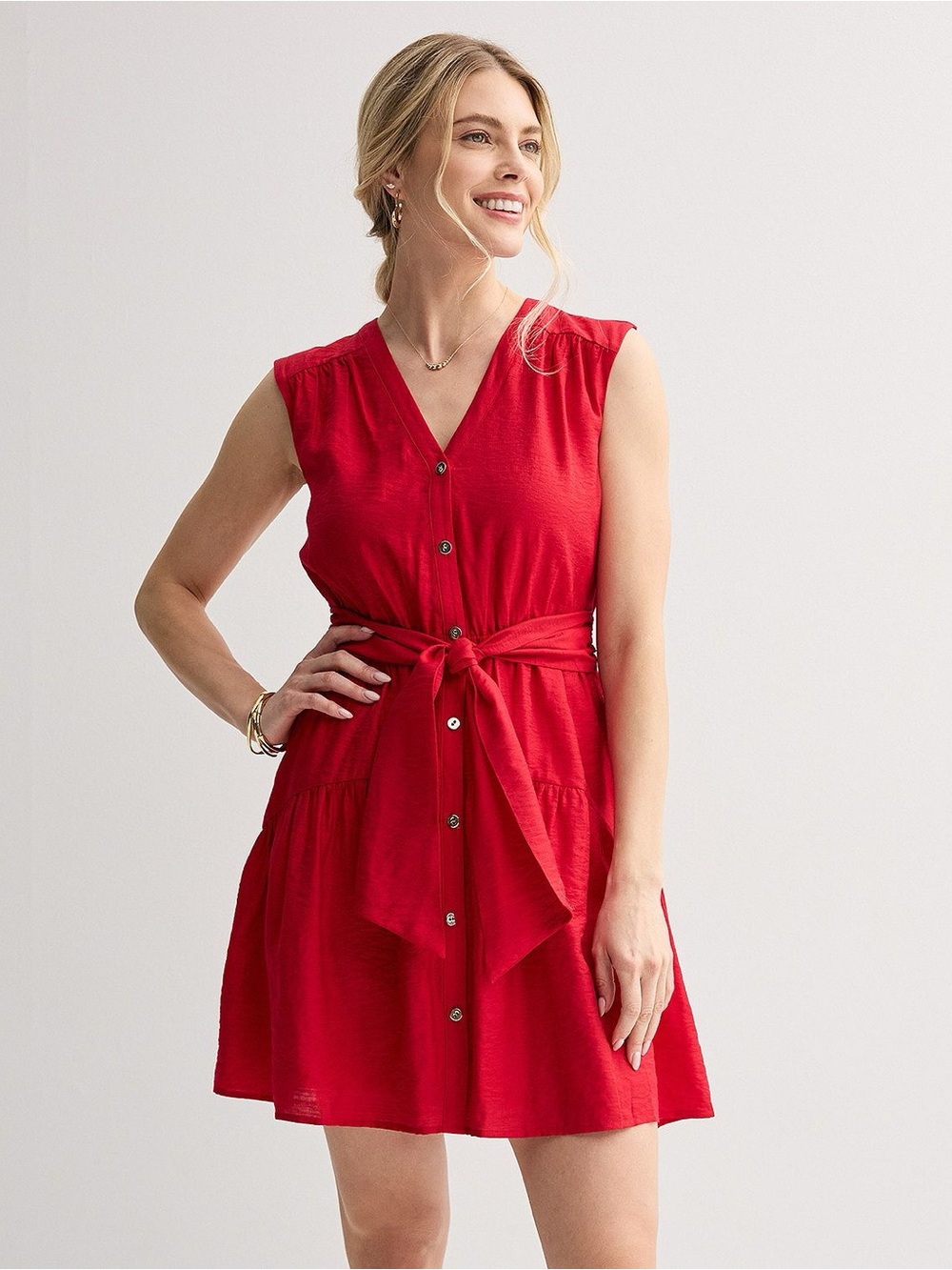 Nine West Red Sleeveless Button-Front Tie-Waist Mini Dress